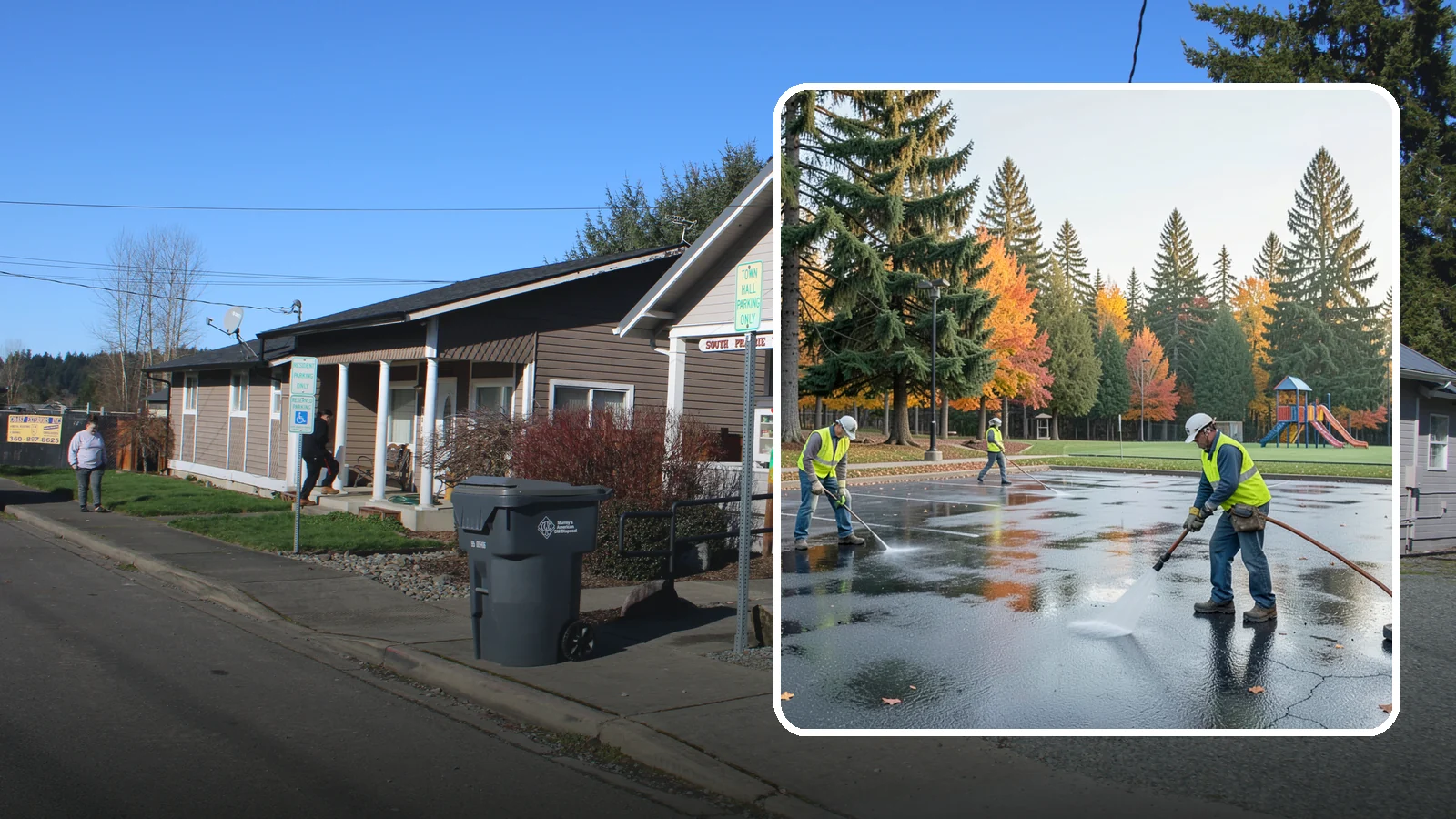Parking Lot Cleaning in South Prairie, Pierce County, WA - Pressure wash and degrease public parking lots to remove oil staining, gum, and accumulated grime.
