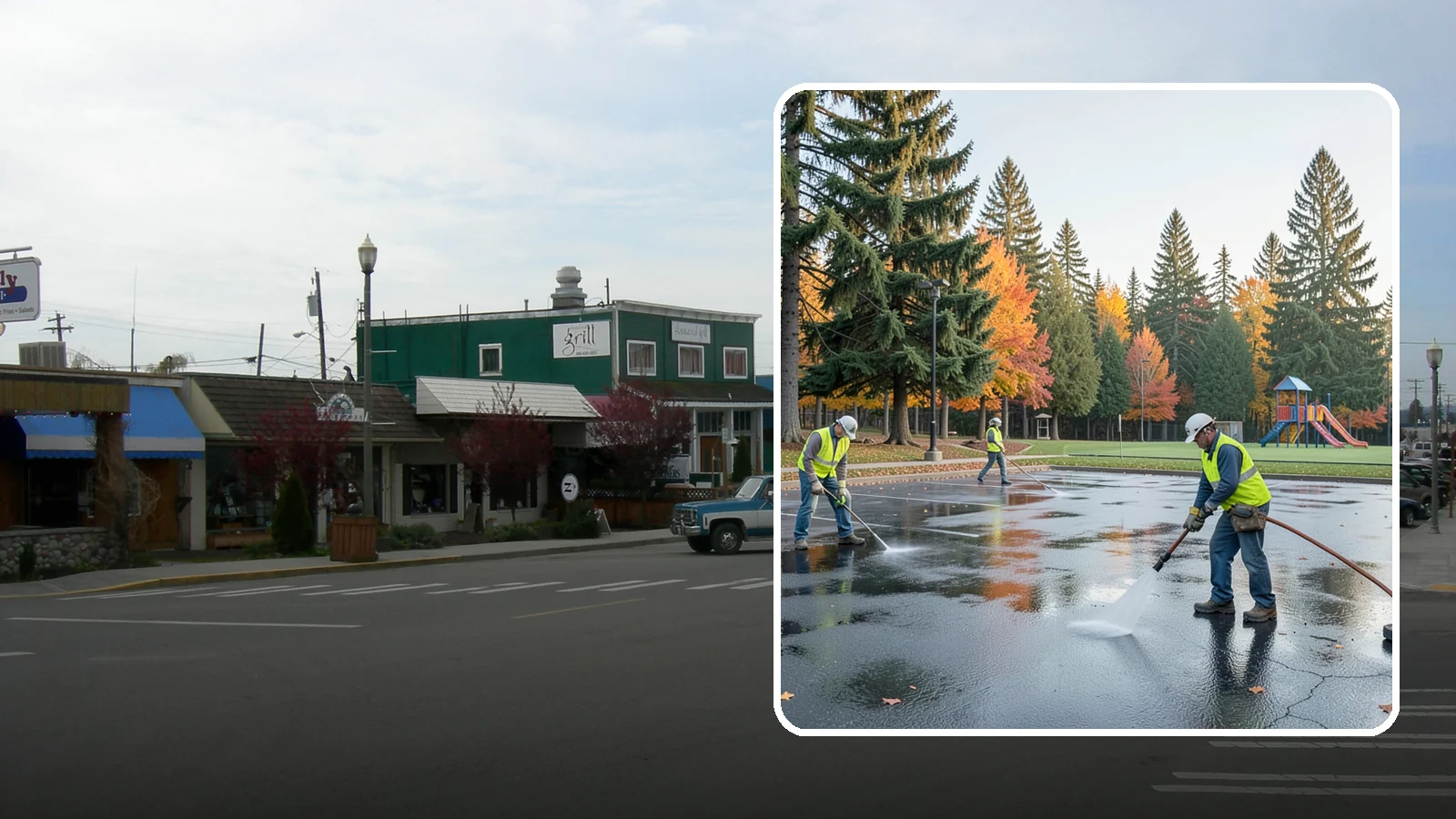 Parking Lot Cleaning in Stanwood, Snohomish County, WA - Pressure wash and degrease public parking lots to remove oil staining, gum, and accumulated grime.