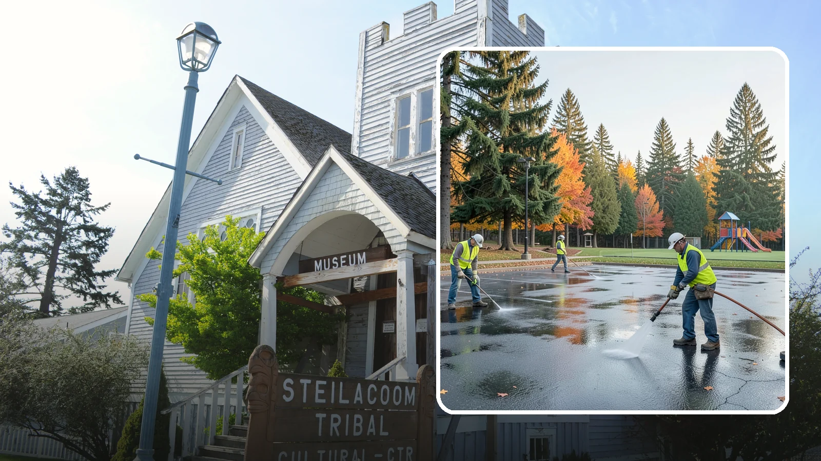 Parking Lot Cleaning in Steilacoom, Pierce County, WA - Pressure wash and degrease public parking lots to remove oil staining, gum, and accumulated grime.