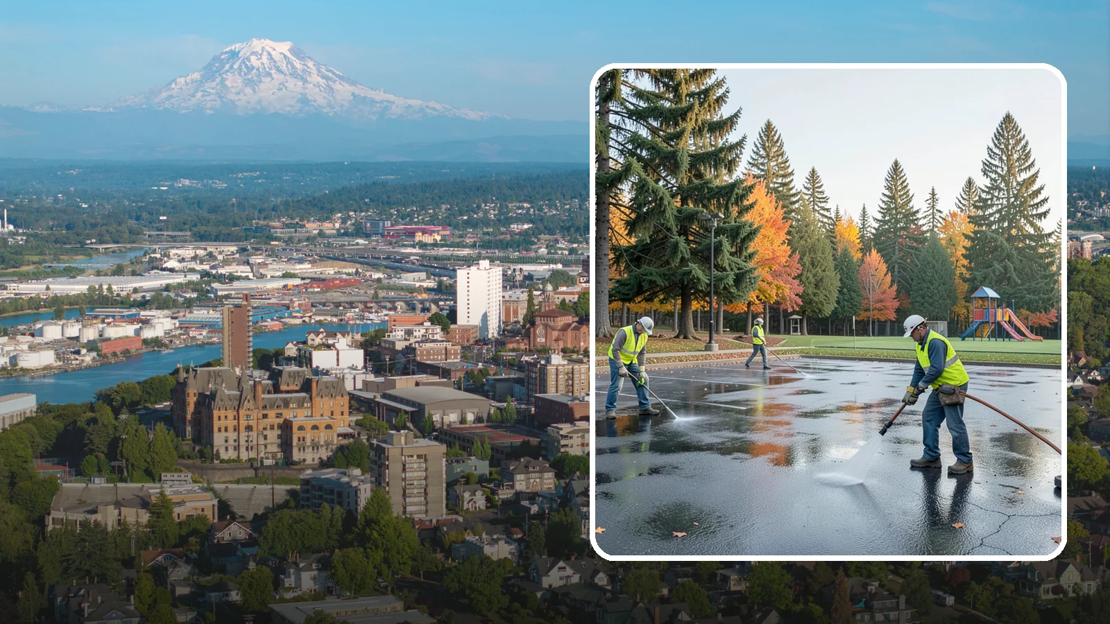 Parking Lot Cleaning in Tacoma, Pierce County, WA - Pressure wash and degrease public parking lots to remove oil staining, gum, and accumulated grime.