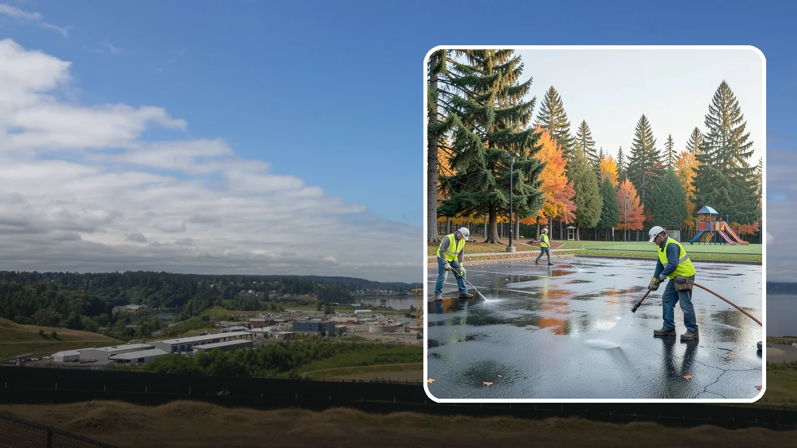 Parking Lot Cleaning in University Place, Pierce County, WA - Pressure wash and degrease public parking lots to remove oil staining, gum, and accumulated grime.