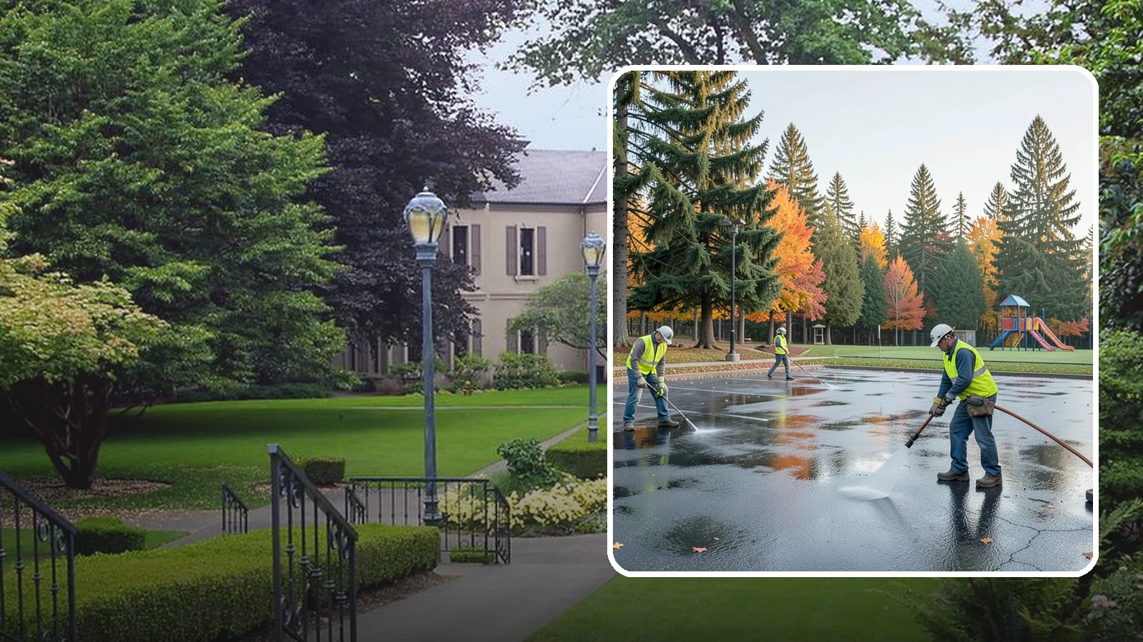 Parking Lot Cleaning in Woodinville, King County, WA - Pressure wash and degrease public parking lots to remove oil staining, gum, and accumulated grime.