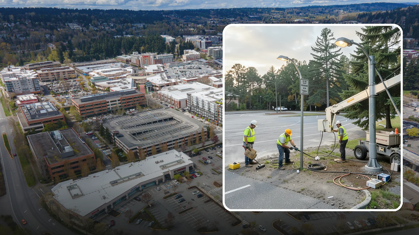 Parking Lot Lighting in Redmond, King County, WA - Maintenance and repair of pole-mounted parking lot lighting at public facilities and transit sites.