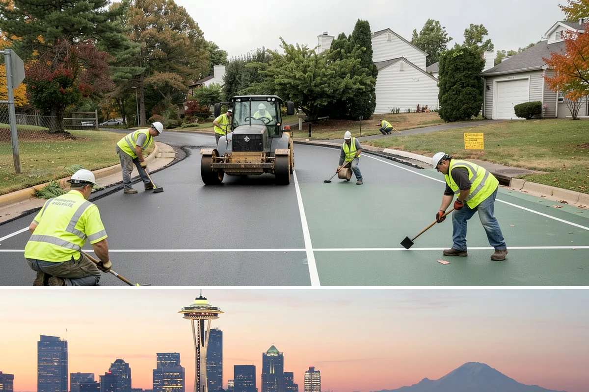 Parking Lot Paving in Seattle, King County, WA - Lot paving is scheduled in summer to secure the dry, warm weather that quality compaction requires.