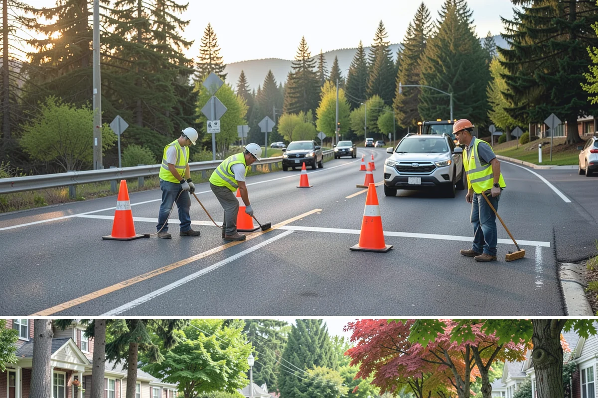 Parking Lot Restriping in Beaux Arts Village, King County, WA - Dry summer weather delivers the best adhesion and lets crews close sections of lot with minimal disruption.