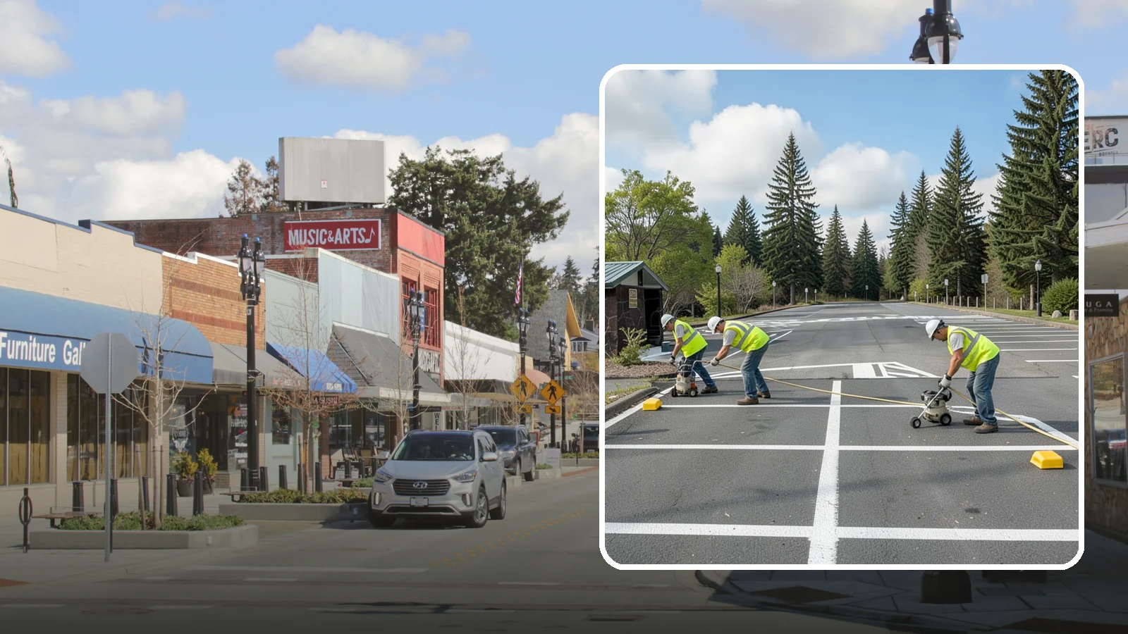 Parking Lot Restriping in Bothell, King County, WA - Restriping refreshes faded stalls and layouts in municipal and agency parking lots.