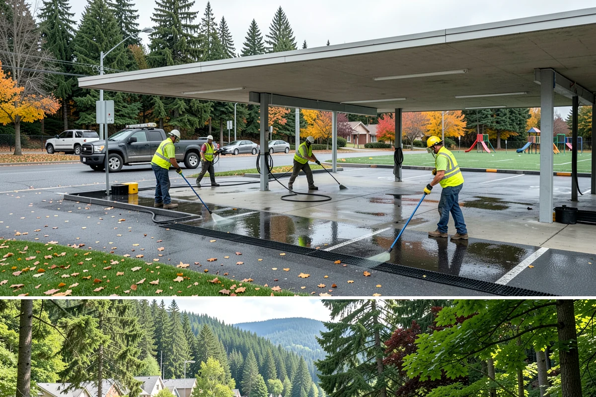 Parking Lot Snow Removal in Lake Forest Park, King County, WA - Lot clearing runs through the winter season, mobilized for each accumulating snow event from November into March.