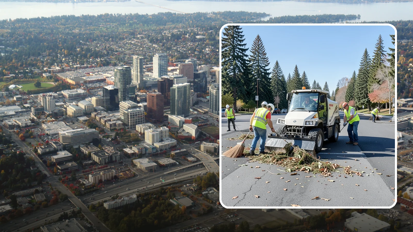 Parking Lot Sweeping in Bellevue, King County, WA - Scheduled sweeping of municipal parking lots and structures to control litter and debris.