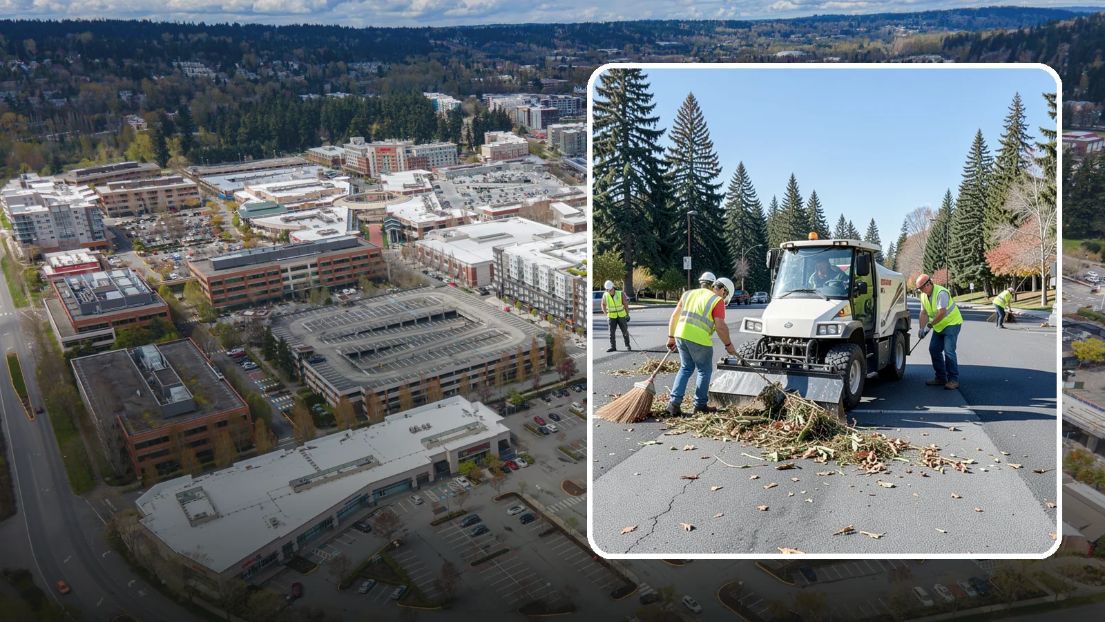 Parking Lot Sweeping in Redmond, King County, WA - Scheduled sweeping of municipal parking lots and structures to control litter and debris.