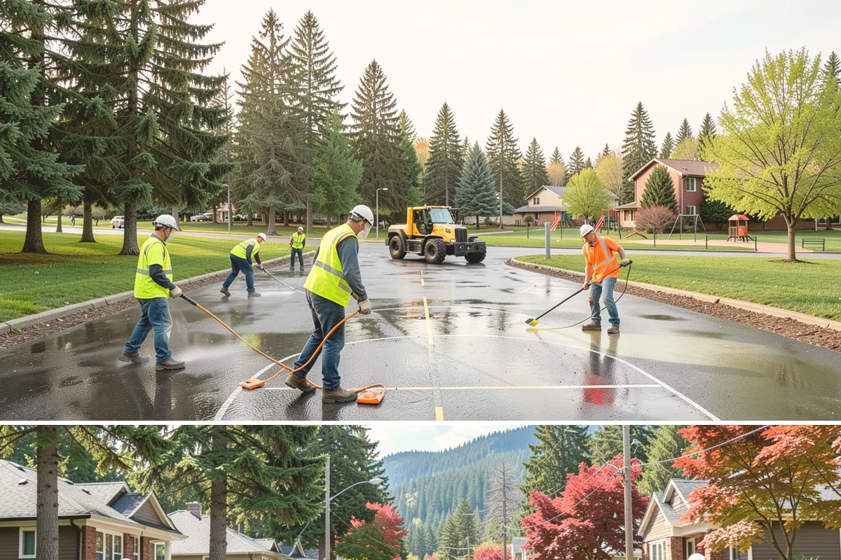 Parking Stall Numbering in Hunts Point, King County, WA - Striping and stenciling are scheduled in dry weather, making late spring through early fall the most dependable window.