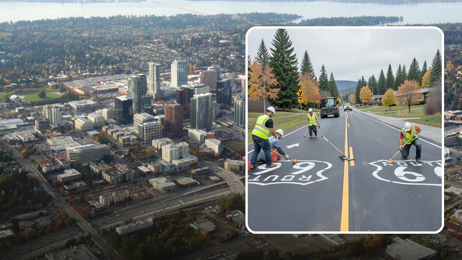 Pavement Legend Marking in Bellevue, King County, WA - Layout and application of pavement legends, arrows, and symbols to guide traffic and reinforce roadway regulations.