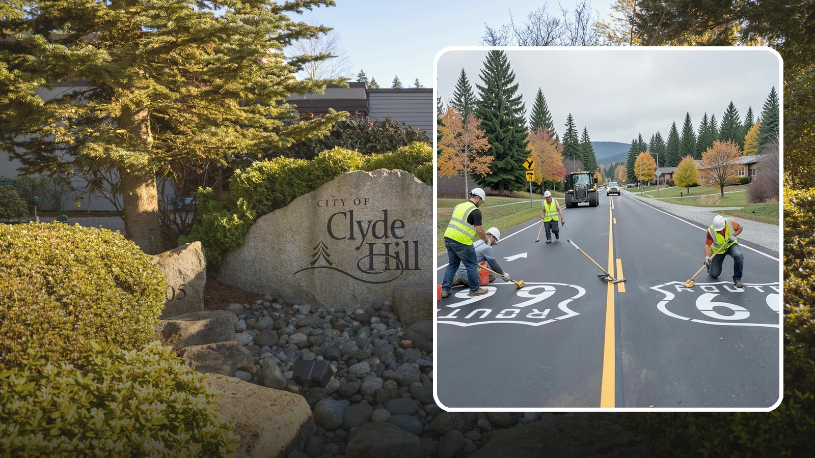 Pavement Legend Marking in Clyde Hill, King County, WA - Layout and application of pavement legends, arrows, and symbols to guide traffic and reinforce roadway regulations.