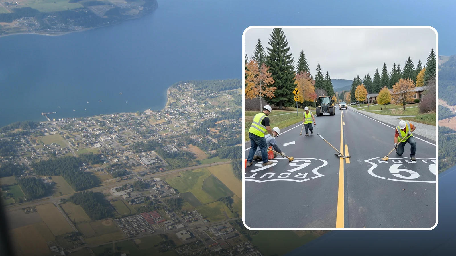 Pavement Legend Marking in Coupeville, Island County, WA - Layout and application of pavement legends, arrows, and symbols to guide traffic and reinforce roadway regulations.