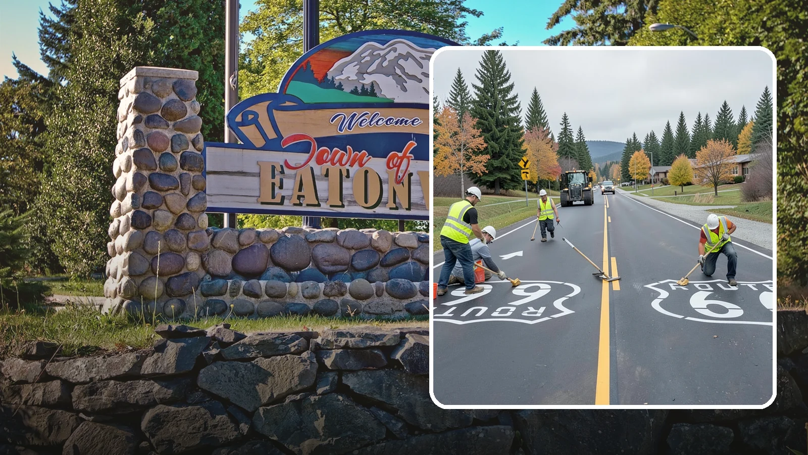Pavement Legend Marking in Eatonville, Pierce County, WA - Layout and application of pavement legends, arrows, and symbols to guide traffic and reinforce roadway regulations.