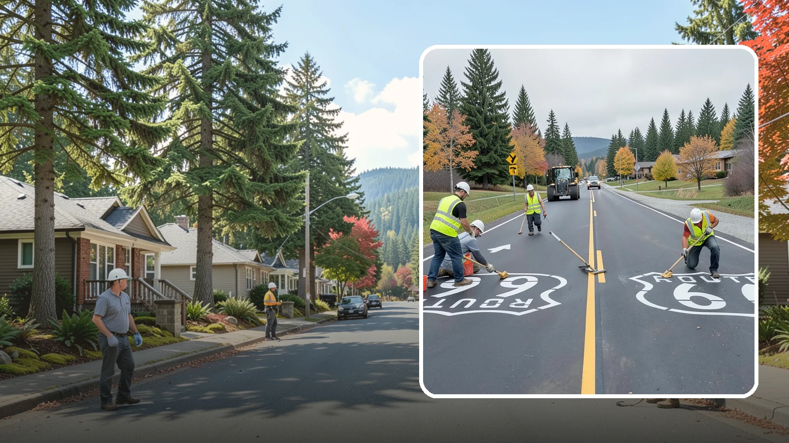 Pavement Legend Marking in Hunts Point, King County, WA - Layout and application of pavement legends, arrows, and symbols to guide traffic and reinforce roadway regulations.