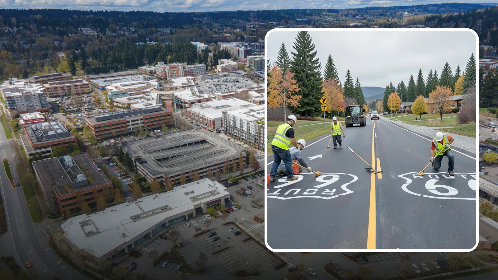 Pavement Legend Marking in Redmond, King County, WA - Layout and application of pavement legends, arrows, and symbols to guide traffic and reinforce roadway regulations.