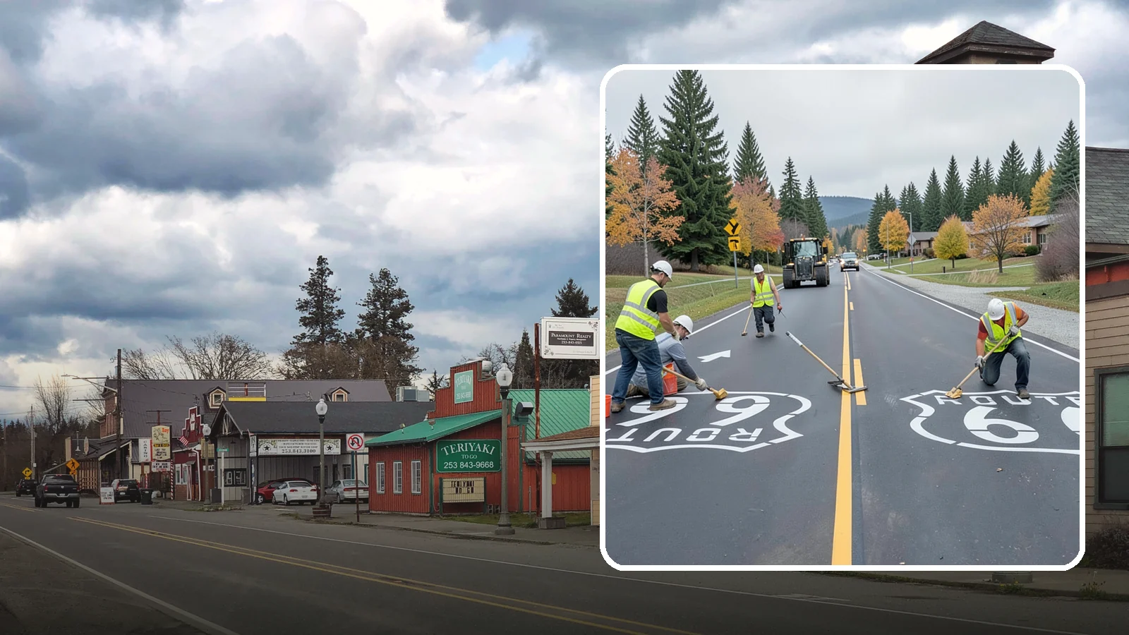 Pavement Legend Marking in Roy, Pierce County, WA - Layout and application of pavement legends, arrows, and symbols to guide traffic and reinforce roadway regulations.