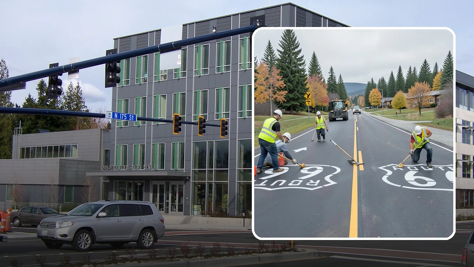 Pavement Legend Marking in Shoreline, King County, WA - Layout and application of pavement legends, arrows, and symbols to guide traffic and reinforce roadway regulations.