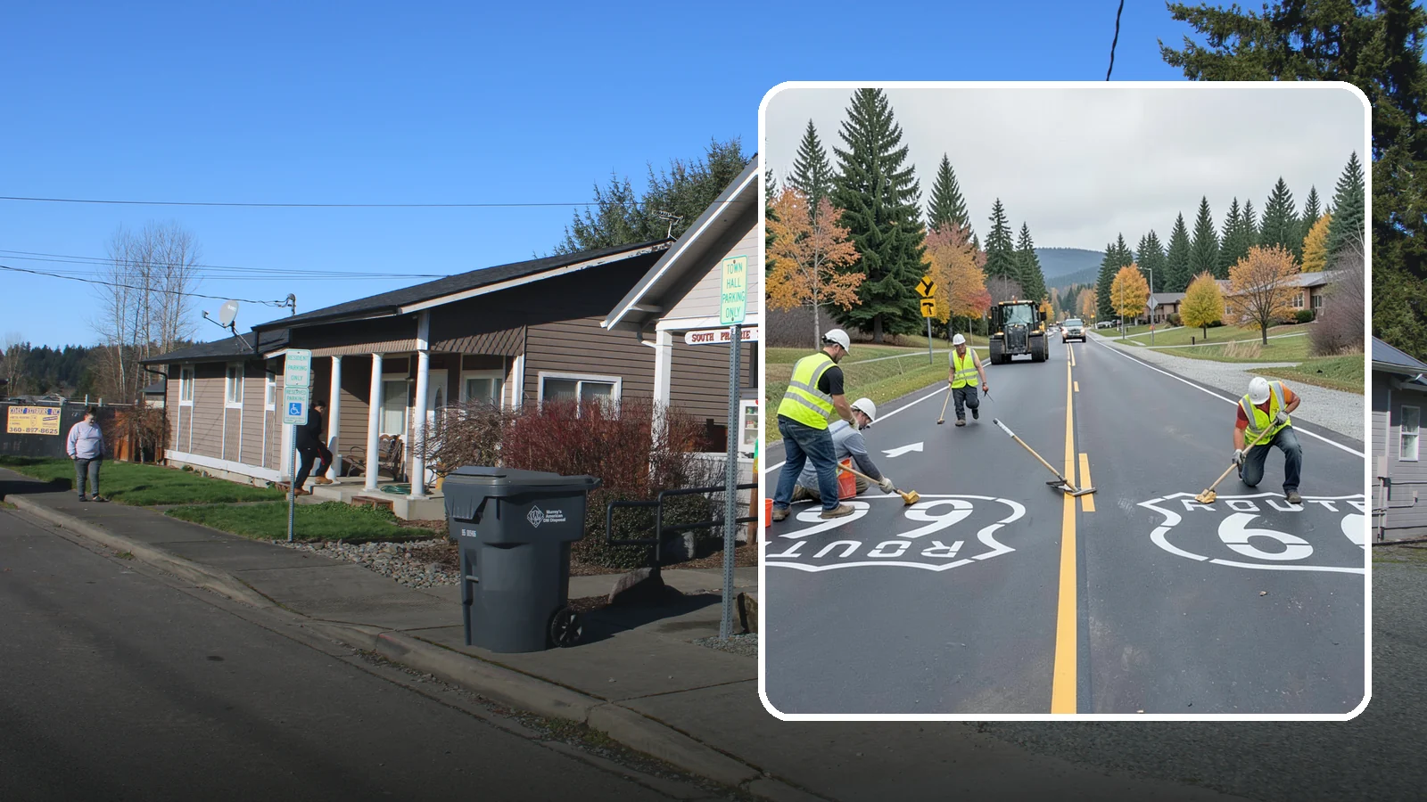 Pavement Legend Marking in South Prairie, Pierce County, WA - Layout and application of pavement legends, arrows, and symbols to guide traffic and reinforce roadway regulations.