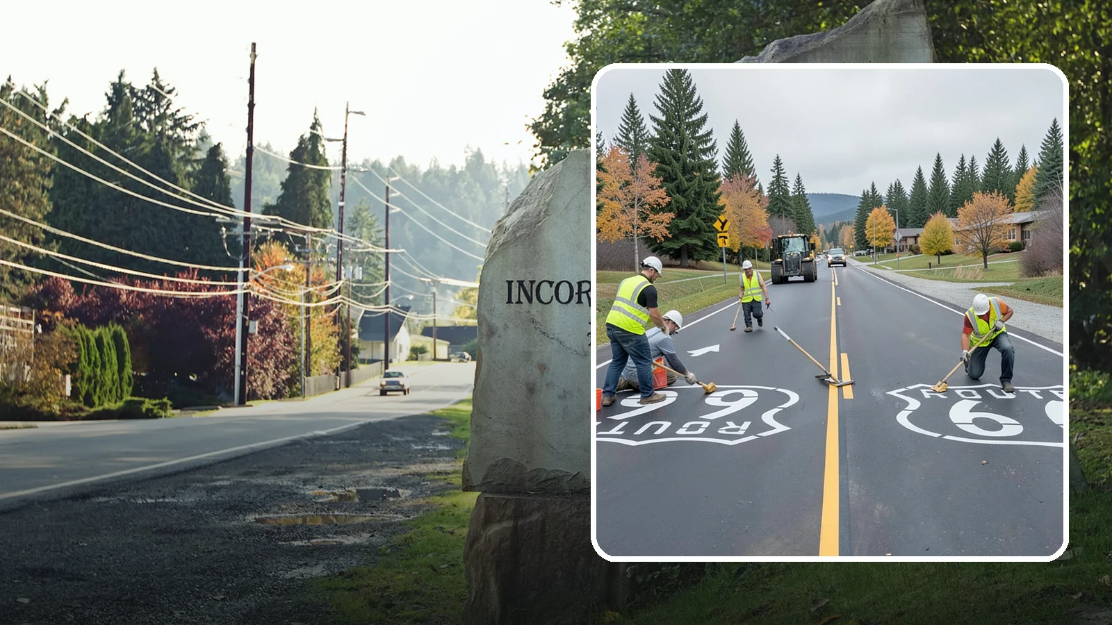 Pavement Legend Marking in Wilkeson, Pierce County, WA - Layout and application of pavement legends, arrows, and symbols to guide traffic and reinforce roadway regulations.