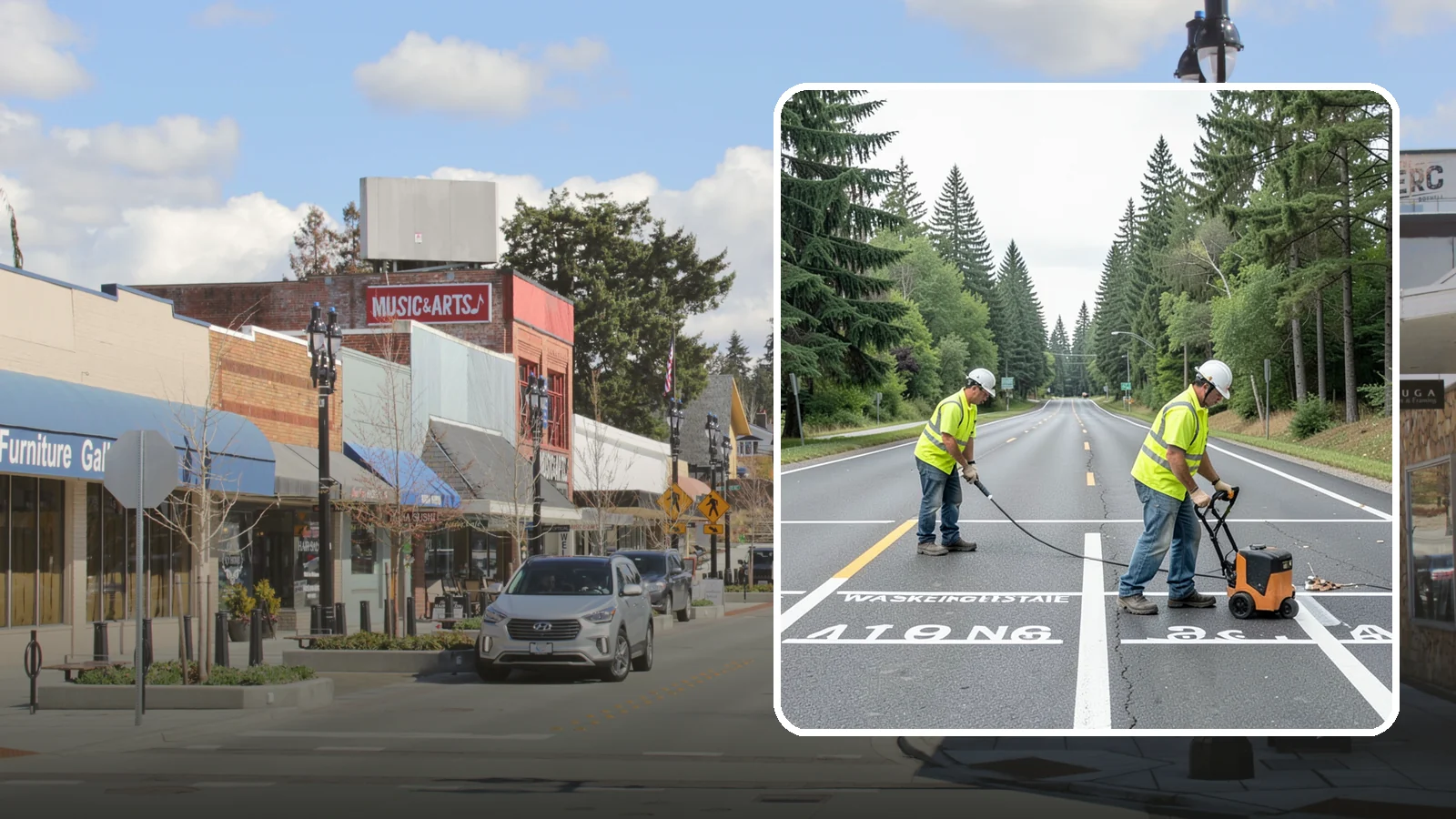 Pavement Marking in Bothell, King County, WA - Durable pavement markings restore lane lines, legends, and symbols to MUTCD standards on public roadways.