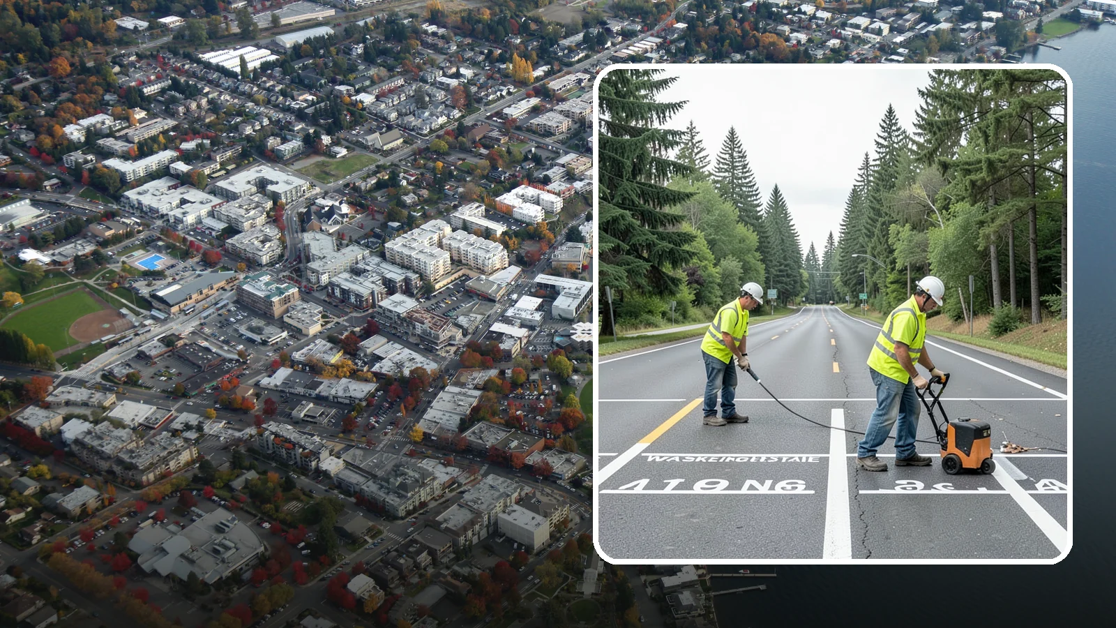 Pavement Marking in Kirkland, King County, WA - Durable pavement markings restore lane lines, legends, and symbols to MUTCD standards on public roadways.