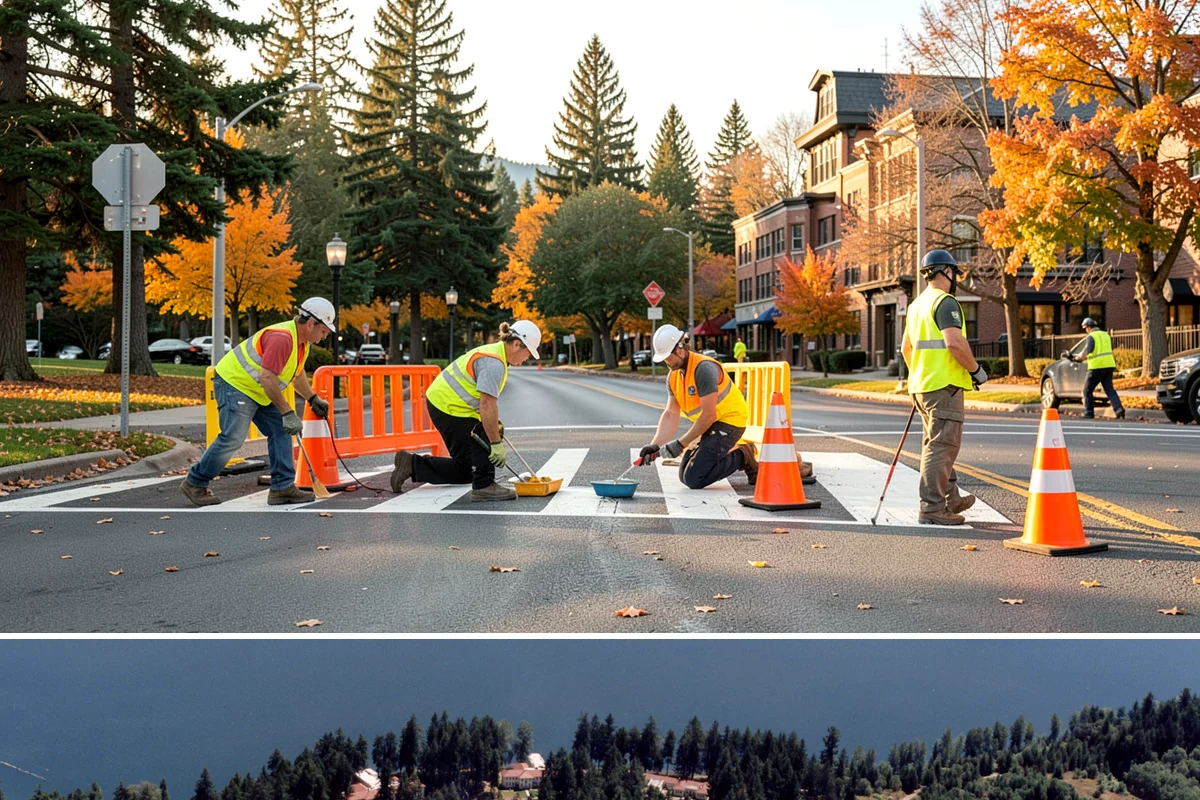 Pavement Marking in Lakewood, Pierce County, WA - Application concentrates in the dry summer window when pavement temperatures and moisture levels allow proper bonding.