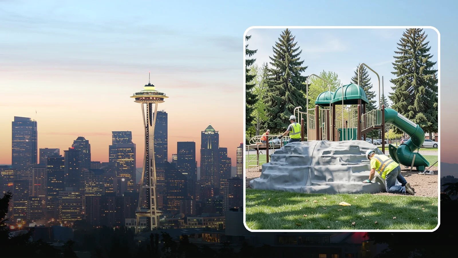 Playground Equipment Installation in Seattle, King County, WA - Installation of playground structures to CPSC and ASTM safety standards with certified inspection at turnover.