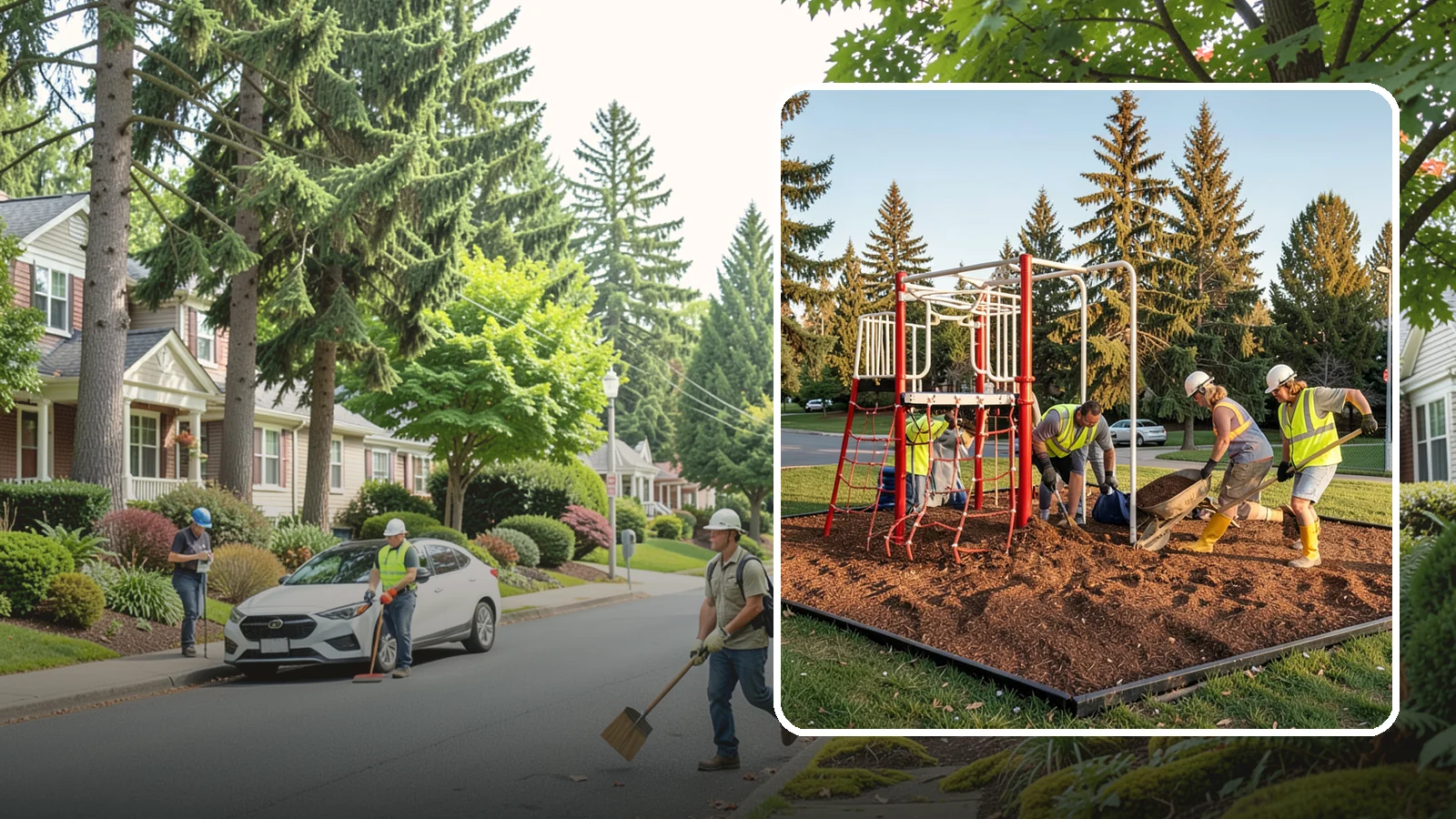 Playground Mulch Installation in Beaux Arts Village, King County, WA - Engineered wood fiber and mulch installation that maintains safe fall-attenuating surfaces under public play equipment.