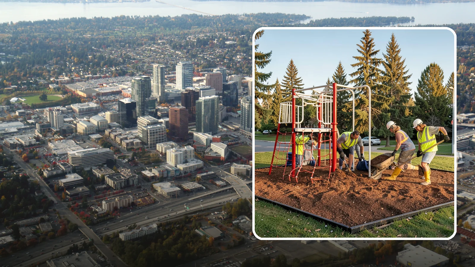 Playground Mulch Installation in Bellevue, King County, WA - Engineered wood fiber and mulch installation that maintains safe fall-attenuating surfaces under public play equipment.