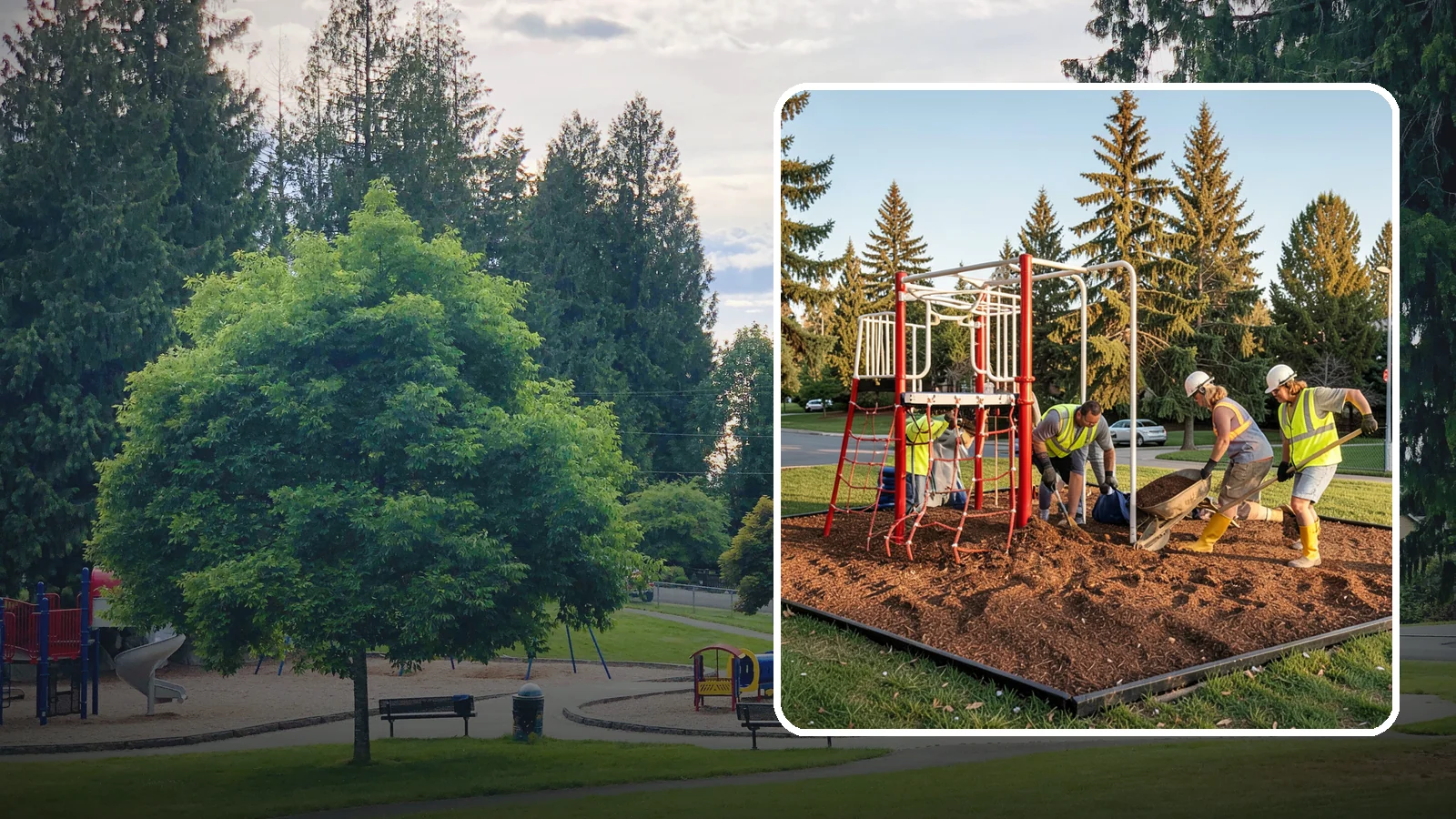 Playground Mulch Installation in Bonney Lake, Pierce County, WA - Engineered wood fiber and mulch installation that maintains safe fall-attenuating surfaces under public play equipment.