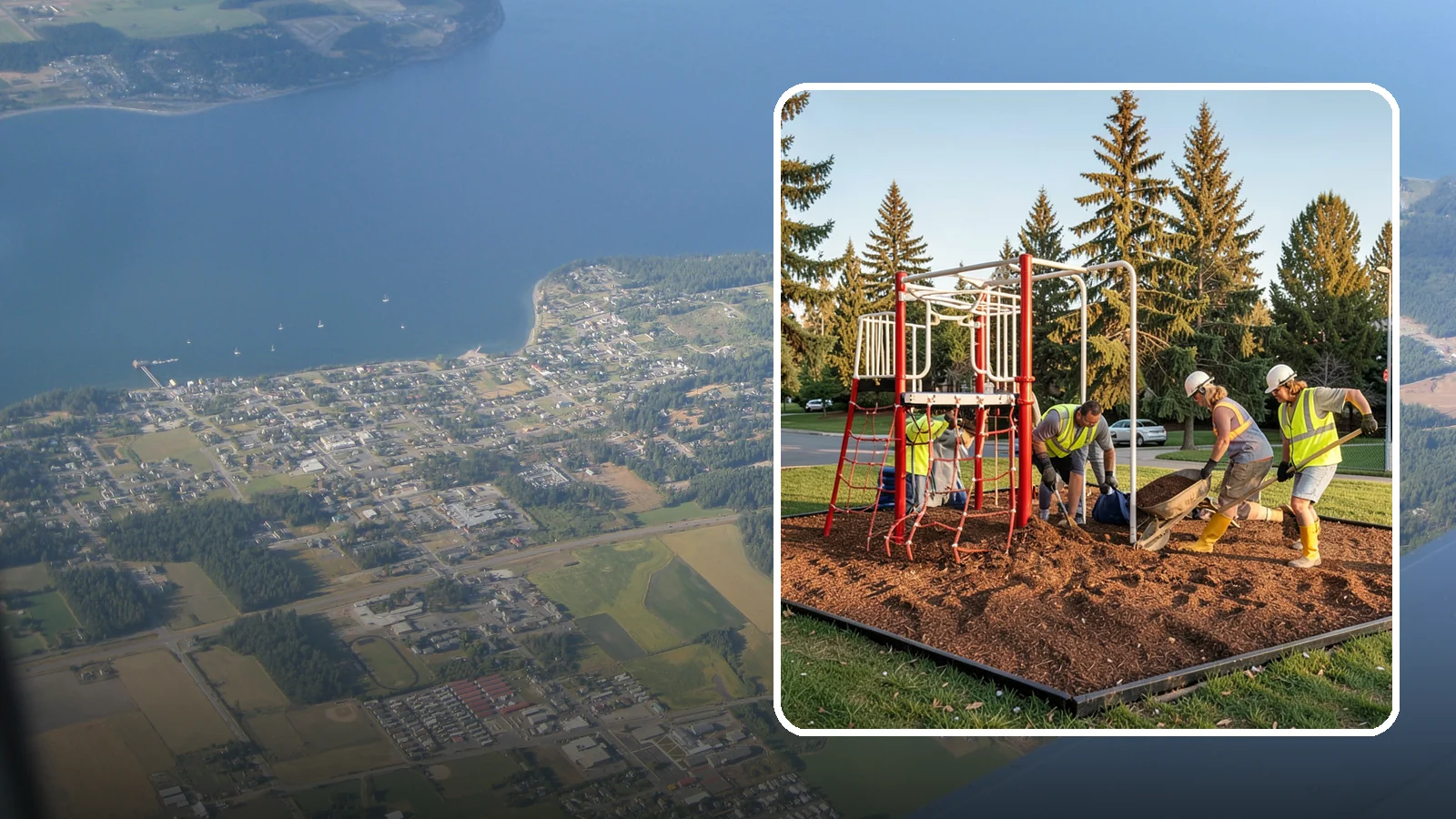 Playground Mulch Installation in Coupeville, Island County, WA - Engineered wood fiber and mulch installation that maintains safe fall-attenuating surfaces under public play equipment.