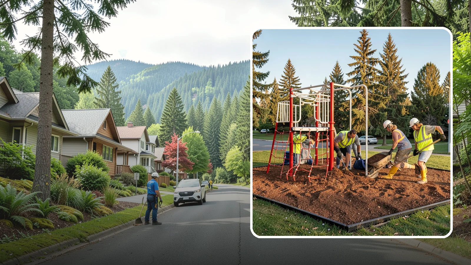 Playground Mulch Installation in Darrington, Snohomish County, WA - Engineered wood fiber and mulch installation that maintains safe fall-attenuating surfaces under public play equipment.