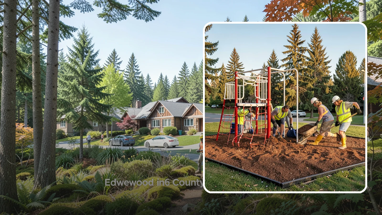 Playground Mulch Installation in Edgewood, Pierce County, WA - Engineered wood fiber and mulch installation that maintains safe fall-attenuating surfaces under public play equipment.