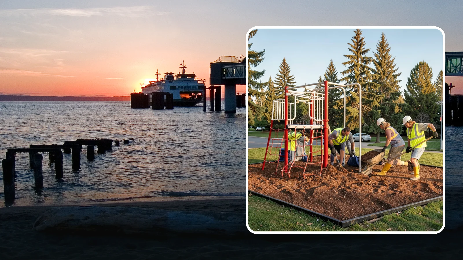 Playground Mulch Installation in Edmonds, Snohomish County, WA - Engineered wood fiber and mulch installation that maintains safe fall-attenuating surfaces under public play equipment.