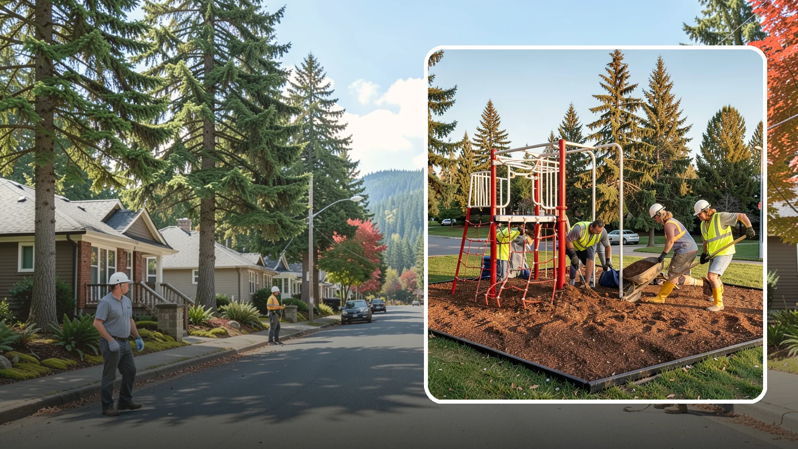 Playground Mulch Installation in Hunts Point, King County, WA - Engineered wood fiber and mulch installation that maintains safe fall-attenuating surfaces under public play equipment.