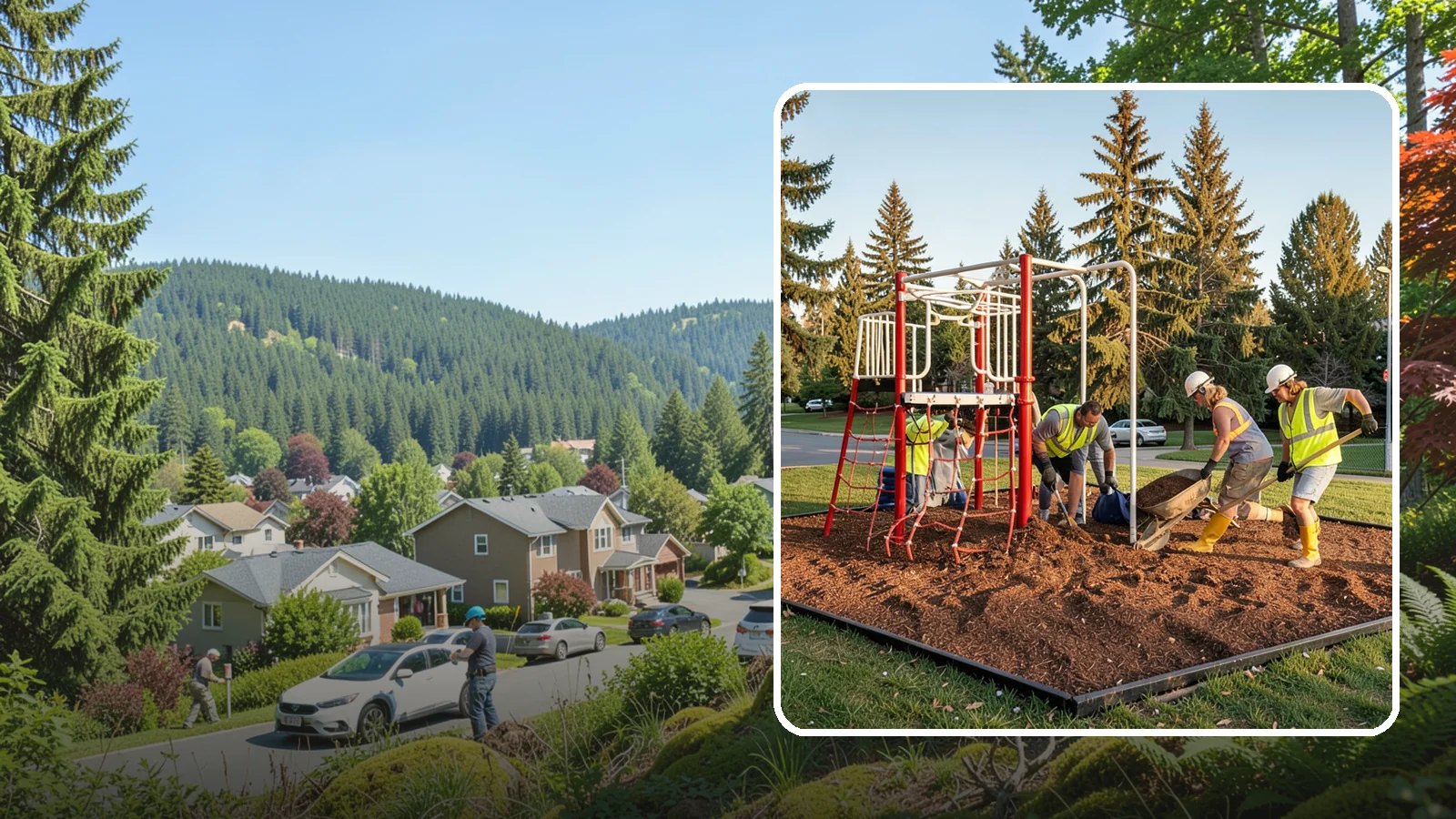 Playground Mulch Installation in Index, Snohomish County, WA - Engineered wood fiber and mulch installation that maintains safe fall-attenuating surfaces under public play equipment.