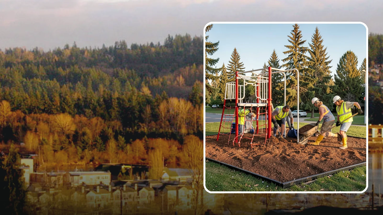 Playground Mulch Installation in Kenmore, King County, WA - Engineered wood fiber and mulch installation that maintains safe fall-attenuating surfaces under public play equipment.
