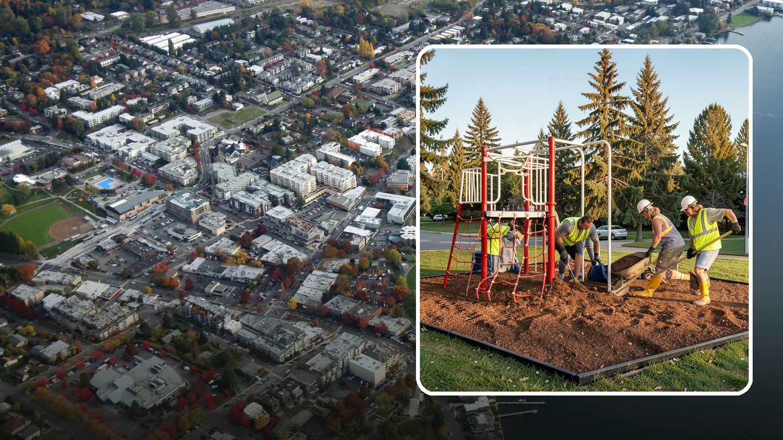Playground Mulch Installation in Kirkland, King County, WA - Engineered wood fiber and mulch installation that maintains safe fall-attenuating surfaces under public play equipment.