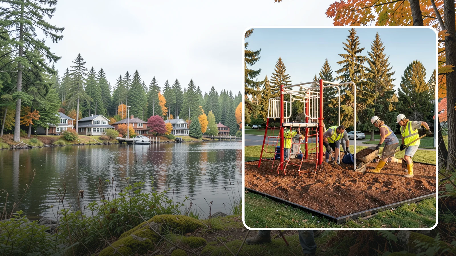 Playground Mulch Installation in La Conner, Skagit County, WA - Engineered wood fiber and mulch installation that maintains safe fall-attenuating surfaces under public play equipment.