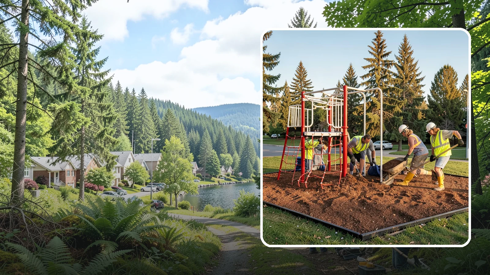 Playground Mulch Installation in Lake Forest Park, King County, WA - Engineered wood fiber and mulch installation that maintains safe fall-attenuating surfaces under public play equipment.