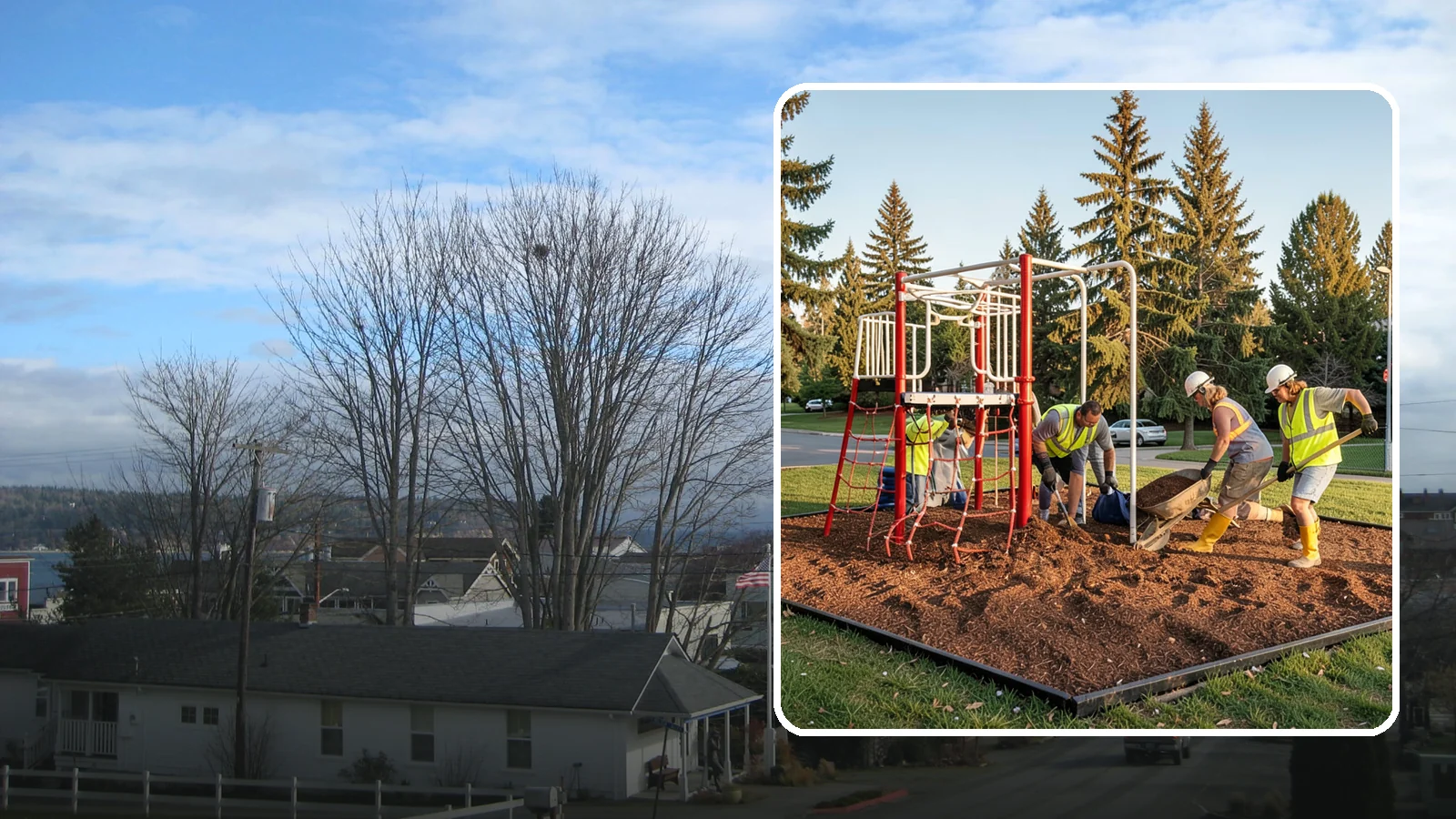 Playground Mulch Installation in Langley, Island County, WA - Engineered wood fiber and mulch installation that maintains safe fall-attenuating surfaces under public play equipment.