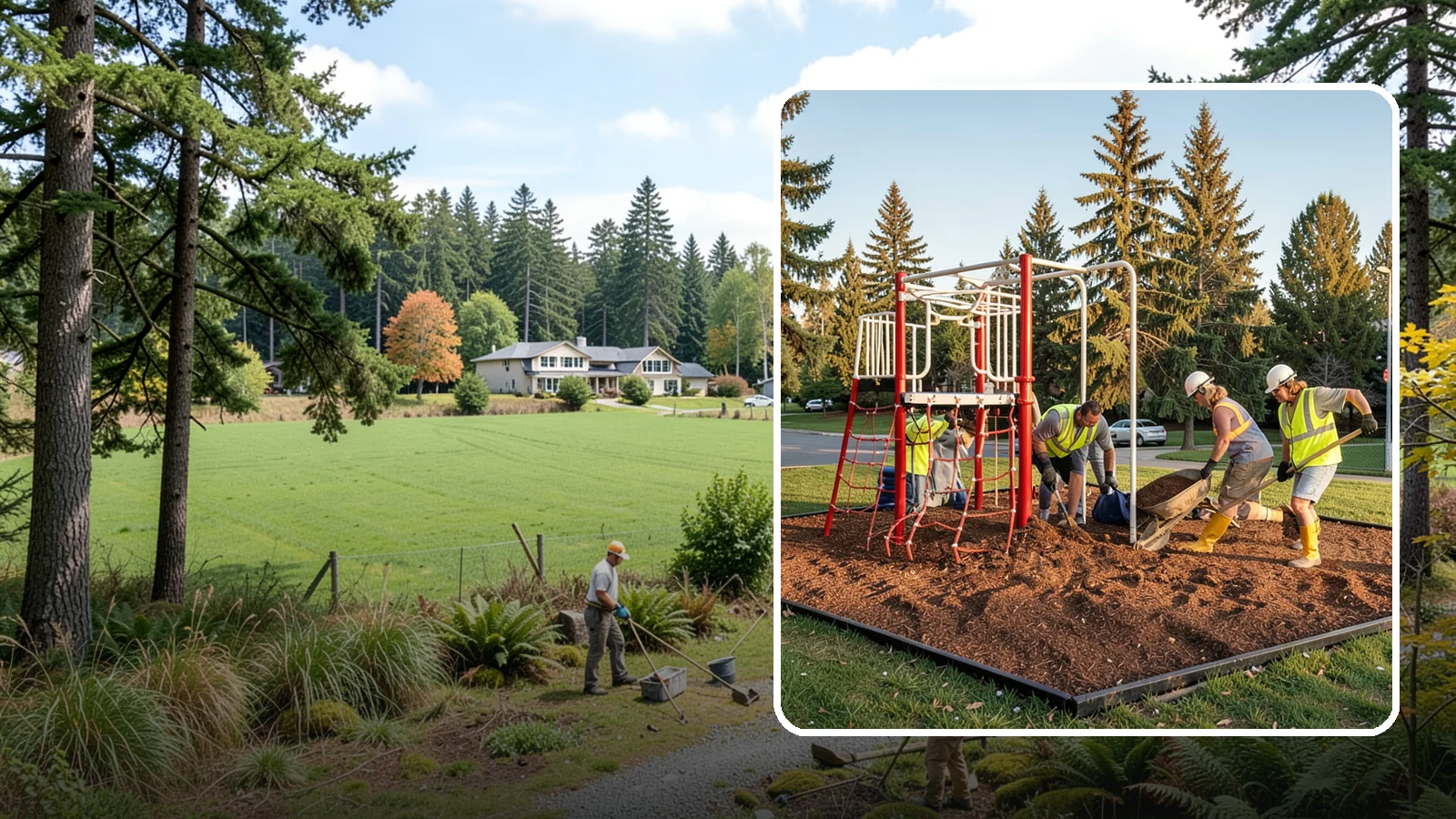 Playground Mulch Installation in Lyman, Skagit County, WA - Engineered wood fiber and mulch installation that maintains safe fall-attenuating surfaces under public play equipment.