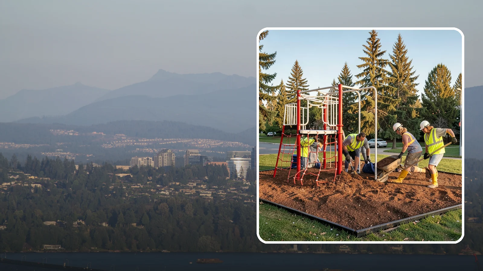 Playground Mulch Installation in Medina, King County, WA - Engineered wood fiber and mulch installation that maintains safe fall-attenuating surfaces under public play equipment.