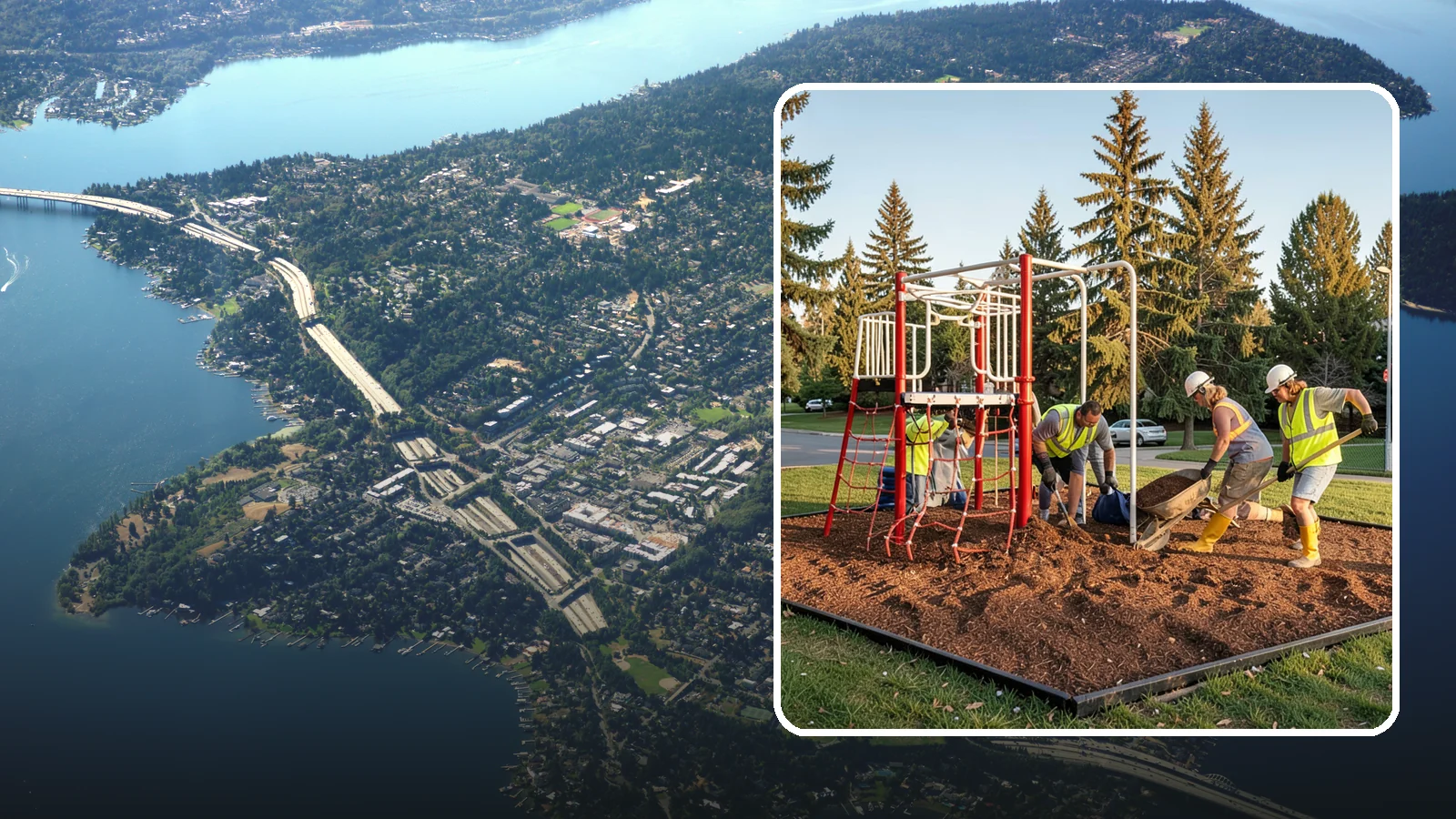Playground Mulch Installation in Mercer Island, King County, WA - Engineered wood fiber and mulch installation that maintains safe fall-attenuating surfaces under public play equipment.