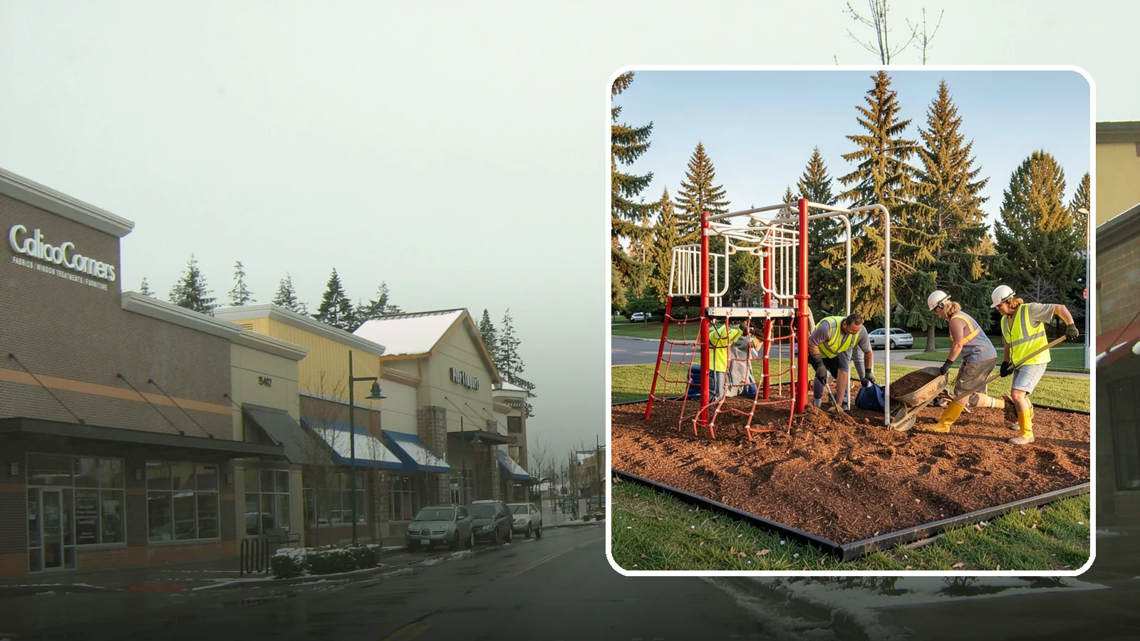 Playground Mulch Installation in Mill Creek, Snohomish County, WA - Engineered wood fiber and mulch installation that maintains safe fall-attenuating surfaces under public play equipment.
