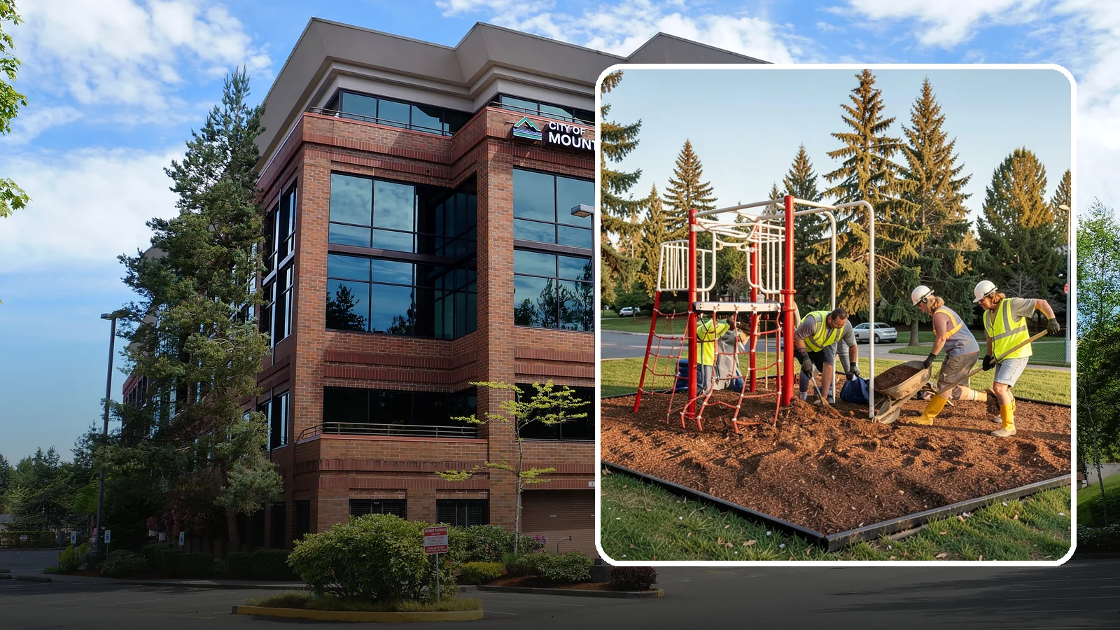 Playground Mulch Installation in Mountlake Terrace, Snohomish County, WA - Engineered wood fiber and mulch installation that maintains safe fall-attenuating surfaces under public play equipment.
