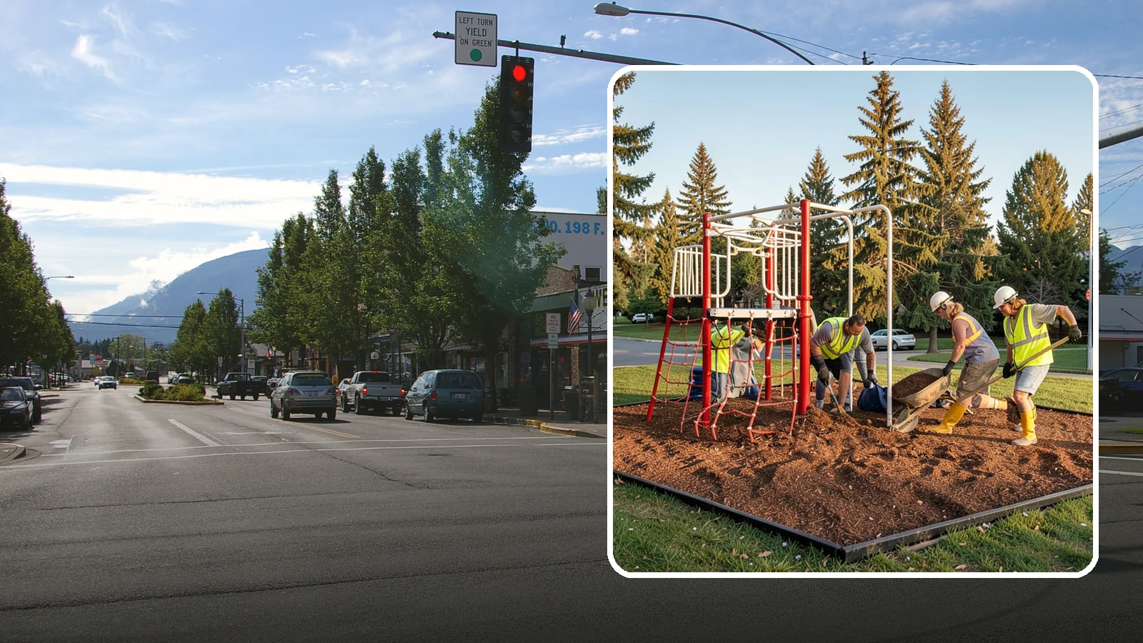 Playground Mulch Installation in North Bend, King County, WA - Engineered wood fiber and mulch installation that maintains safe fall-attenuating surfaces under public play equipment.