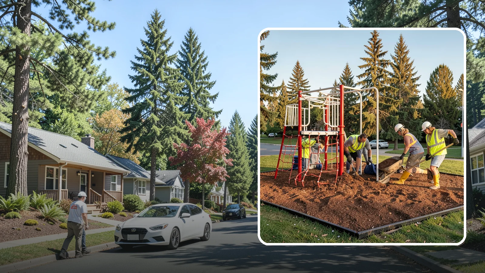 Playground Mulch Installation in Orting, Pierce County, WA - Engineered wood fiber and mulch installation that maintains safe fall-attenuating surfaces under public play equipment.