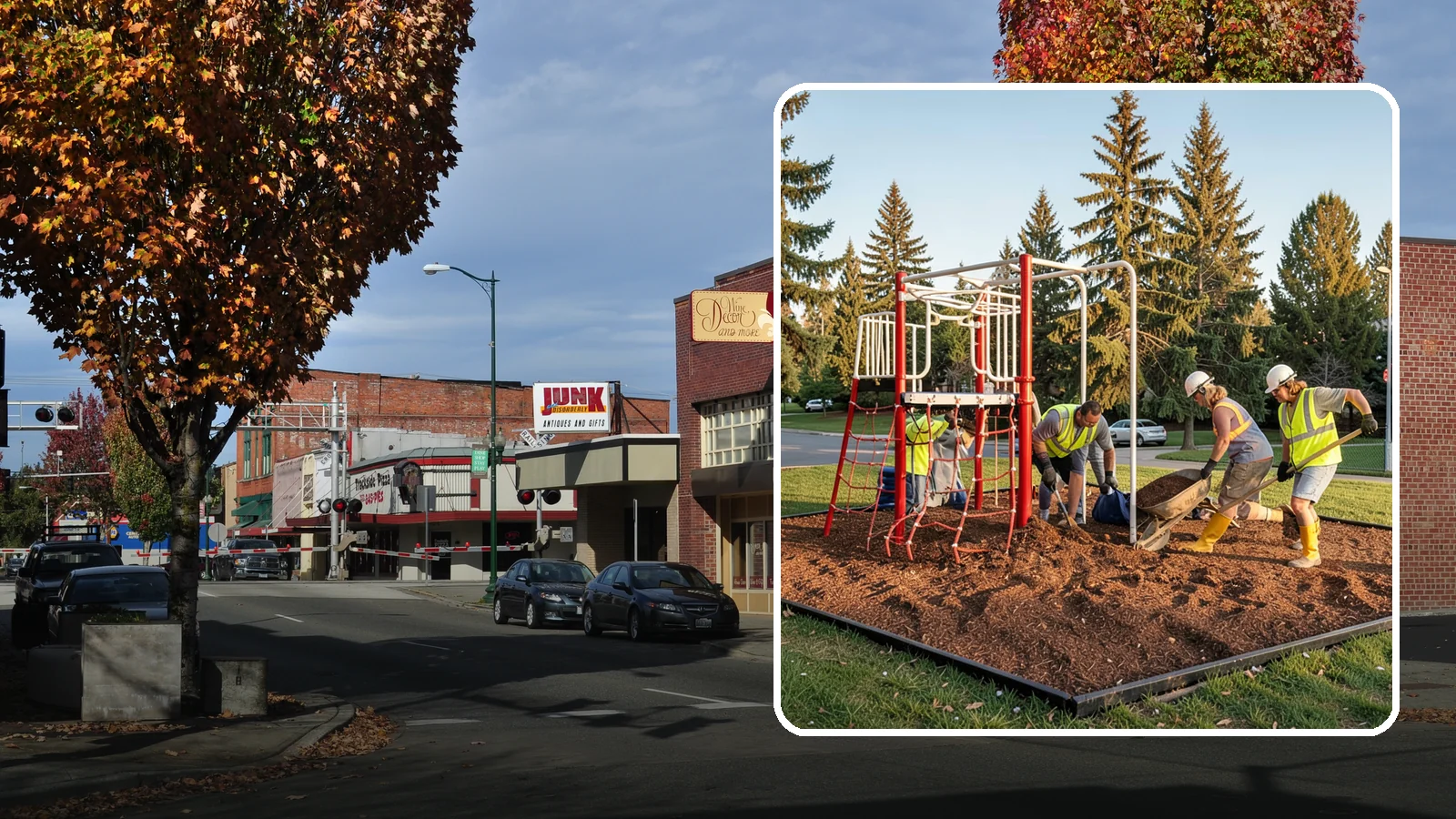 Playground Mulch Installation in Puyallup, Pierce County, WA - Engineered wood fiber and mulch installation that maintains safe fall-attenuating surfaces under public play equipment.